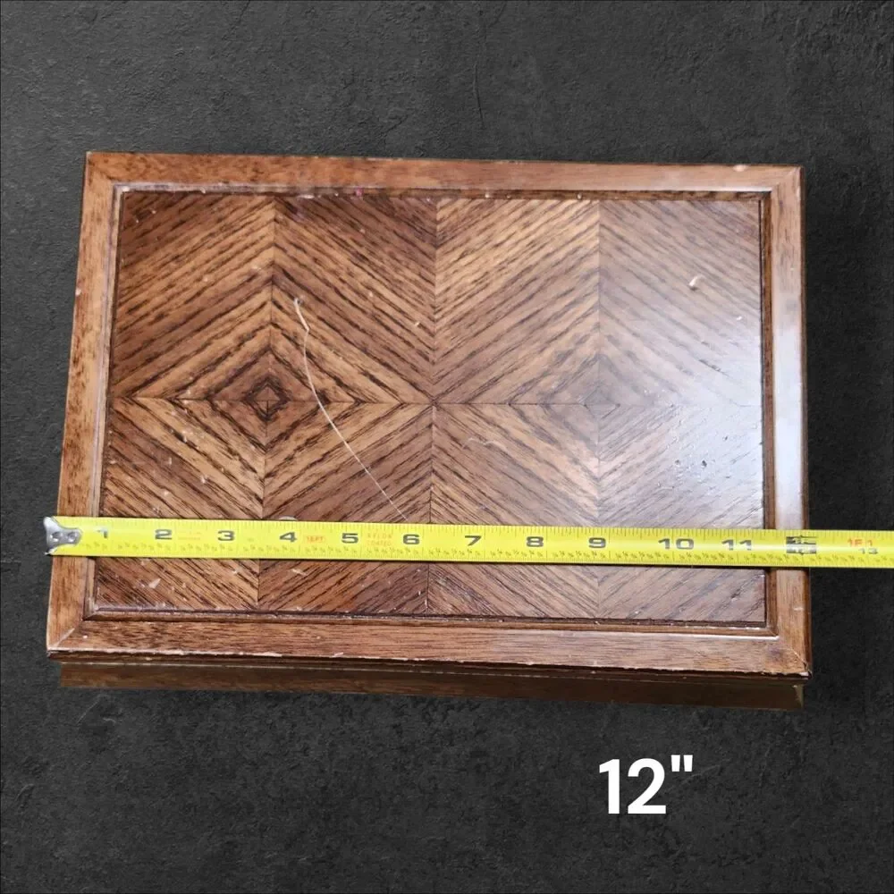 Vintage 1970s Wood Jewelry Box Orange Velvet Parquet Lid Jay Import Co 13